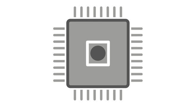 Simple monochrome illustration of a square computer chip with rounded pins on all sides