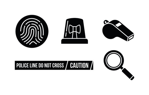 fingerprint scan pattern icon, siren light emergency signal, police whistle small tool, police tape barrier strip, investigation