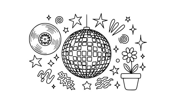 Retro disco ball doodle vector set Y2K groovy line art decoration kit