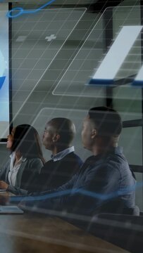 Vertical video: Business team sitting table watching screen launching blue wave guiding team focus