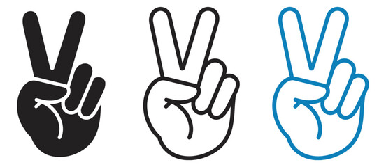 Obraz premium Peace sign hand icon set, black and blue vector graphics V gesture symbols, freedom success victory positive expression diverse style collection