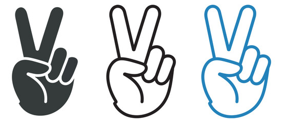 Obraz premium Peace sign hand icon set, V gesture hand symbols, black blue vector illustration, freedom victory success and positive expression icons