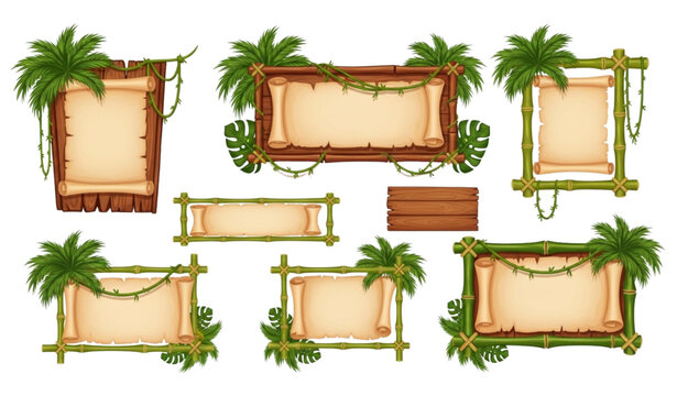 Jungle wooden signboard vector bamboo frame tropical leaves game UI asset