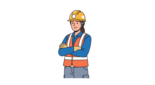 A professional female construction worker wearing a bright orange safety vest and yellow hardhat stands confidently with crossed arms against a clean white background.