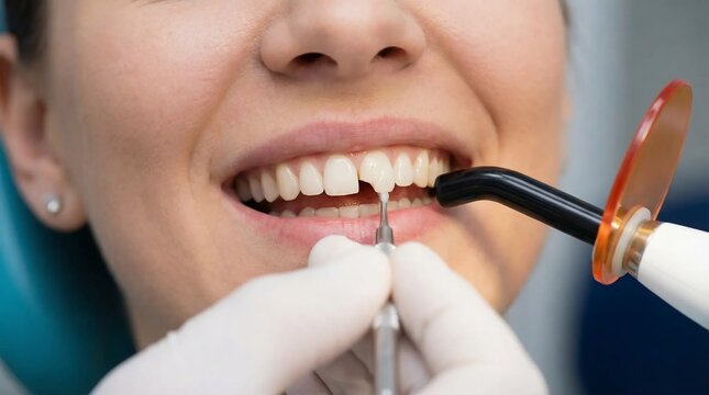 Dentist performing professional tooth restoration with curing light.