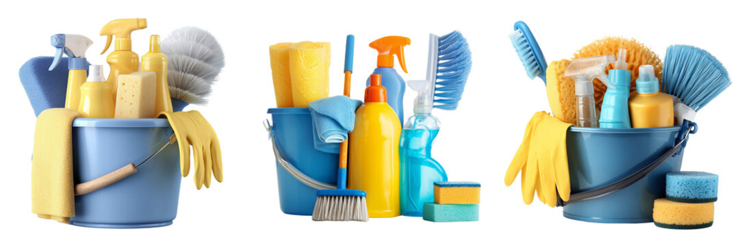 Set of Household cleaning supplies neatly organized in a row, including detergent bottles, brushes, and gloves on transparent png background. Ai generated