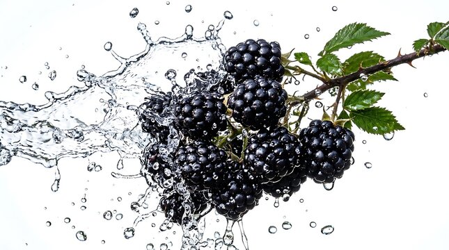 Ripe Blackberries Bursting with Water Droplets Amidst a Dynamic Splash on a White Background
