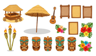 Tropical Hawaiian elements vector cartoon beach tiki decor set © SobujChandra