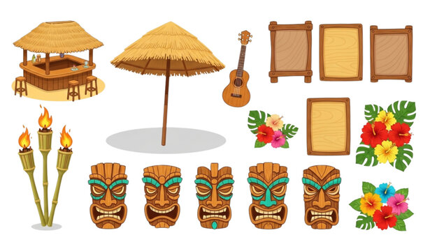 Tropical Hawaiian elements vector cartoon beach tiki decor set