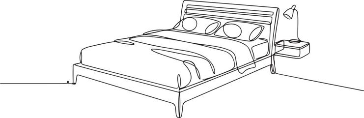 Double bed line drawing modern loft furniture bedroom interior minimalist single line style home decor vector design © Tanzu
