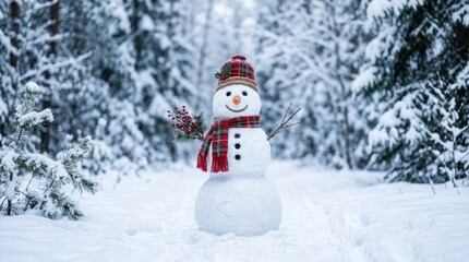 Fototapeta premium Charming snowman with plaid scarf and hat stands in a snowy winter forest