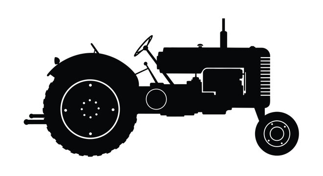 Black silhouette of a vintage farm tractor side view illustration