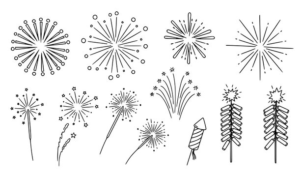 Fireworks doodle line vector set radial explosion sparkler rays decoration