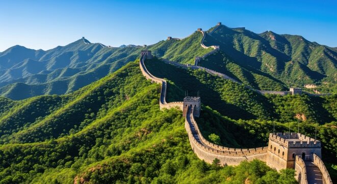 Iconic great wall of china winding through lush green mountains under a clear blue sky