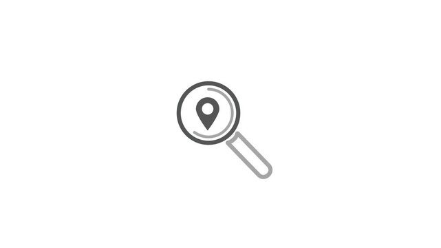 animation on magnifier glass with location icon. searching location by magnifier glass