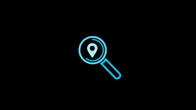 animation on magnifier glass with location icon. searching location by magnifier glass