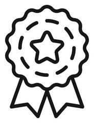 Award medal ribbon vector icon with a star, minimalist black line art illustration symbolizing achievement, quality, success, first place, and excellence, isolated on white background. © MostSabineYesmin