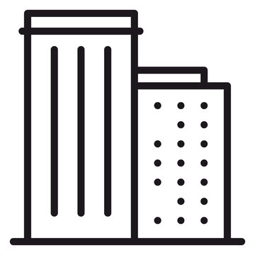 Black line vector icon illustration of two modern skyscrapers or office buildings, minimalist urban architecture symbol for city skyline, business district, real estate, and corporate design.