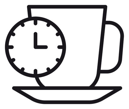 Minimalist coffee break vector icon illustration featuring a black line art cup and saucer with a clock symbol representing tea time, morning routine, office rest, or scheduled beverage break.