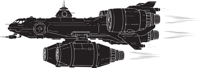 Obraz premium Futuristic spaceship, sci-fi vehicle, black illustration, vector graphic, space exploration