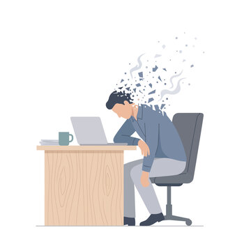 Overworked businessman experiencing extreme burnout and mental exhaustion at his office desk.