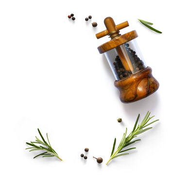 art Culinary Herbs And Spices Pepper Mill With Rosemary Sprigs On White Background Gourmet