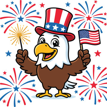 Patriotic cartoon bald eagle wearing Uncle Sam hat holding American flag and sparkler.