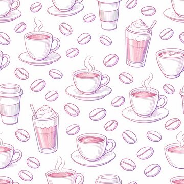 Seamless hand-drawn coffee pattern featuring steaming cups on saucers, mugs, takeaway cups, iced frappes with whipped cream, scattered coffee beans and soft pink sketch style