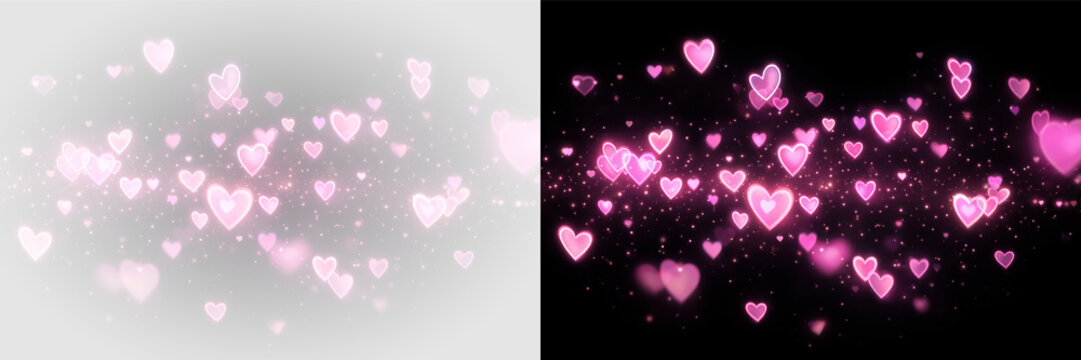 Radiant pink hearts glow sparkle light particles romantic effect png overlay element, on transparent background