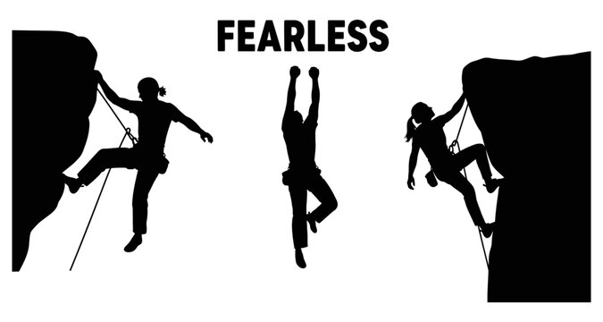 Silhouettes of climbers ascending rock faces with the word fearless above