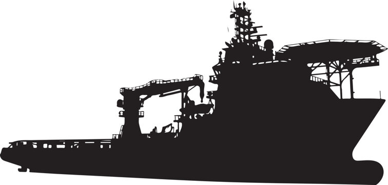 Military ship, naval vessel, black silhouette, vector icon, warfare, transportation
