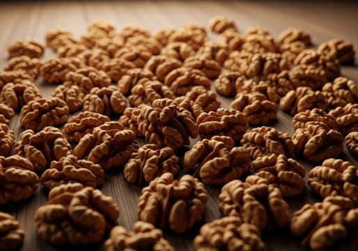 Closeup of many shelled walnut kernels scattered on a dark wooden table