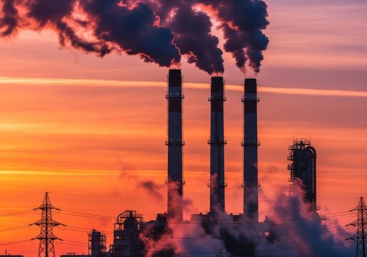 Industrial factory chimneys emitting thick smoke against a sunset sky