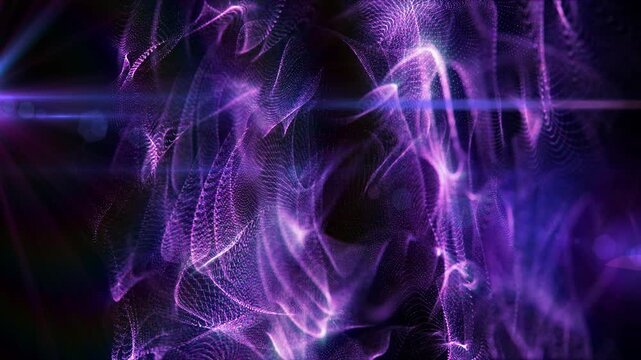 Dark violet particle curtains forming fluid ribbons and glowing swirls, abstract cyber energy field with cinematic lens flare