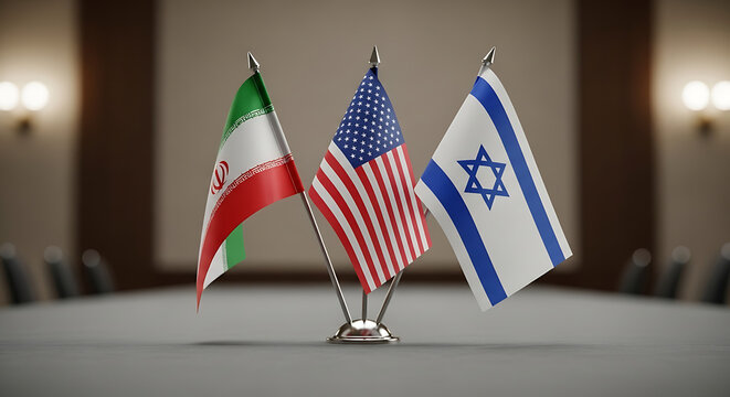 The flags of Iran, the United States, and Israel stand together on a table in a conference room