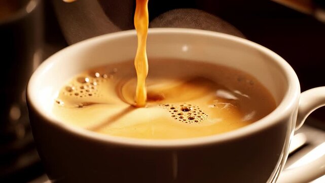 Macro view of espresso machine pouring hot, aromatic stream of coffee into white ceramic cup, forming rich, creamy crema