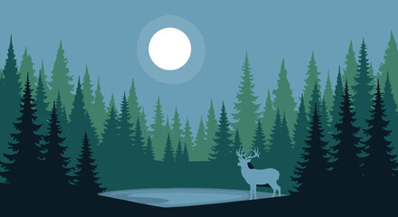 Fototapeta premium A deer standing near a pond in a forest under a full moon at night with tall trees all around, Generative AI.