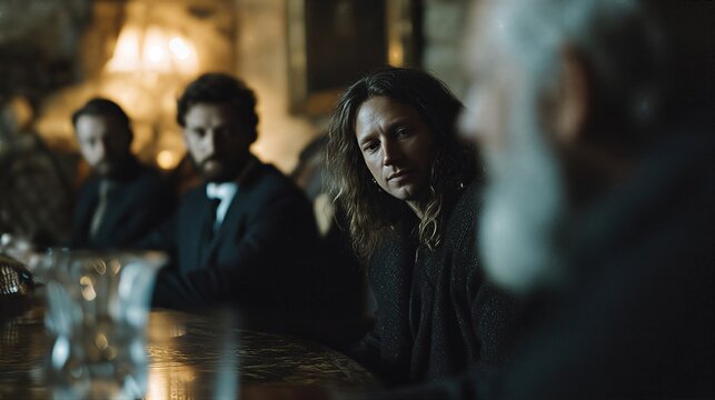 Men in dark suits gathered around wooden bar table in dimly lit room. Serious group discussion with contemplative expressions. Vintage mystery lounge atmosphere for storytelling and business intrigue