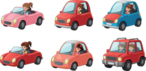 Fototapeta premium Cute girls driving cars vector collection with cartoon vehicles colorful transportation and kids driver illustration set