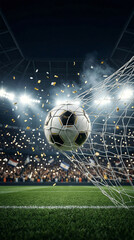 Obraz premium Soccer ball hitting net in illuminated stadium