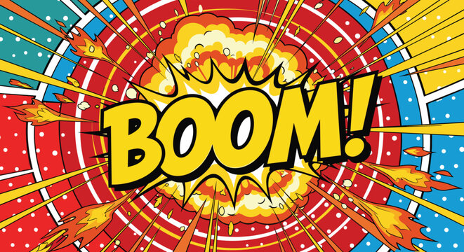 Vibrant comic book style illustration of an explosion with the word boom in bold yellow letters on a colorful background with red blue green and white accents, Generative AI.