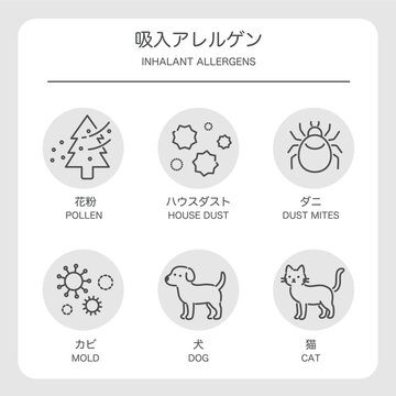 吸入アレルゲン 丸背景アイコンセット_やさしい配色の一覧ポスター（花粉・ダニ・犬猫対応）