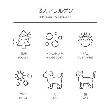 吸入アレルゲン シンプル線画アイコン一覧_花粉・ダニ・ハウスダスト・カビ・犬・猫｜ミニマル医療ポスター