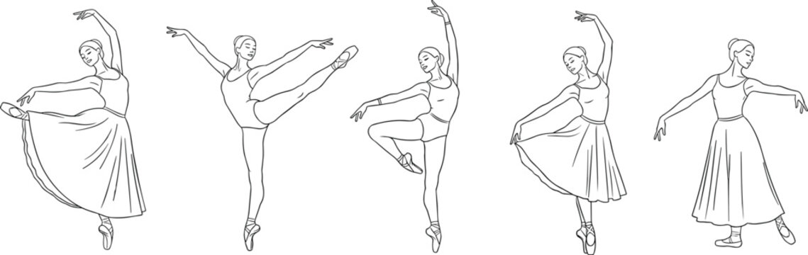 Elegant line art silhouettes of five ballet dancers performing classical poses with grace, balance, and fluid motion