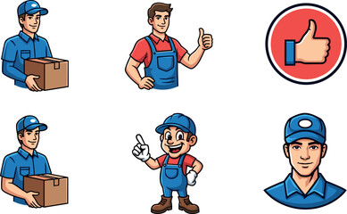 Fototapeta premium Delivery worker and handyman vector set with courier characters thumbs up service professional mascot illustration collection