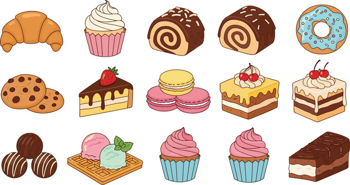 Assorted desserts vector set featuring cakes cupcakes donuts macarons cookies and chocolate sweets bakery collection isolated illustration