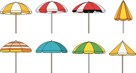 Beach umbrellas set colorful summer sunshade parasol vector illustration seaside vacation accessories outdoor relaxation design elements © Lunavera art