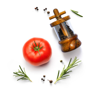 art Farm To Table Freshness Tomato Rosemary and Pepper Mill Still Life On White Background