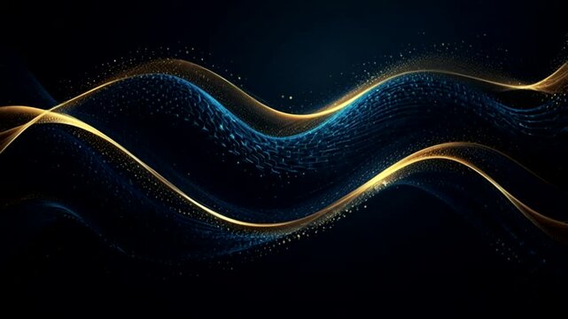 An elegant and futuristic composition consisting of dynamic waves in metallic gold and blue.