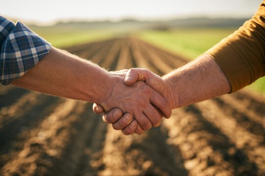 Two farmers shaking hands in a plowed field with a beautiful landscape in the background at sunset